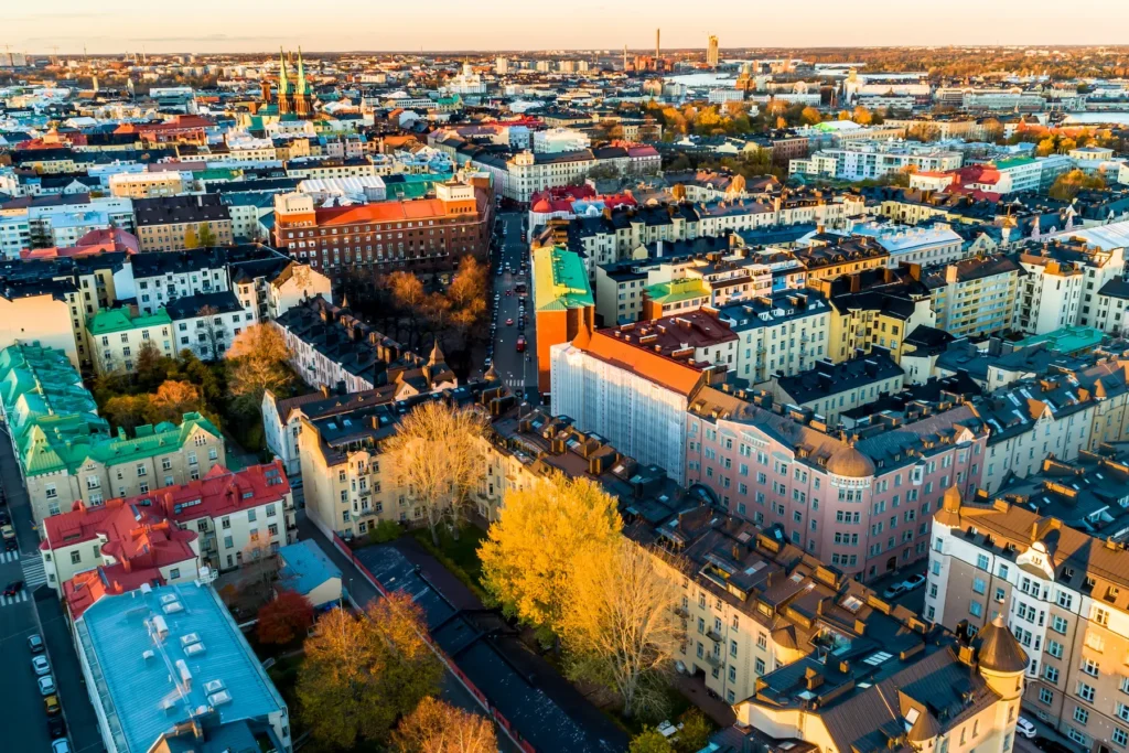 Aerial view of Helsinki, Finland with bright autumn colors and clean city planning