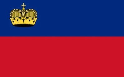 Flag of Liechtenstein with blue and red stripes and golden crown.