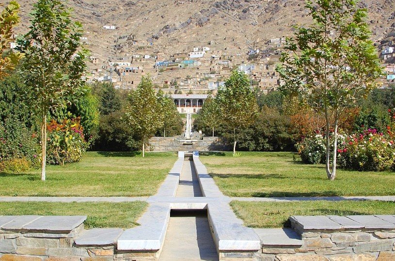 Gardens of Babur in Kabul Afghanistan with terraced lawns and historic tomb.