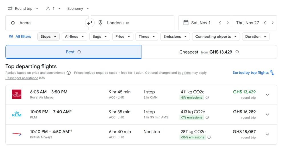 Example of Google Flights search results showing flights from Accra to London with airlines, prices, and duration.