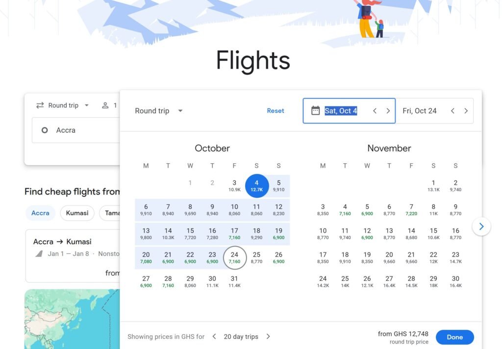 Google Flights calendar view showing flight prices from Accra with cheapest dates highlighted in green.