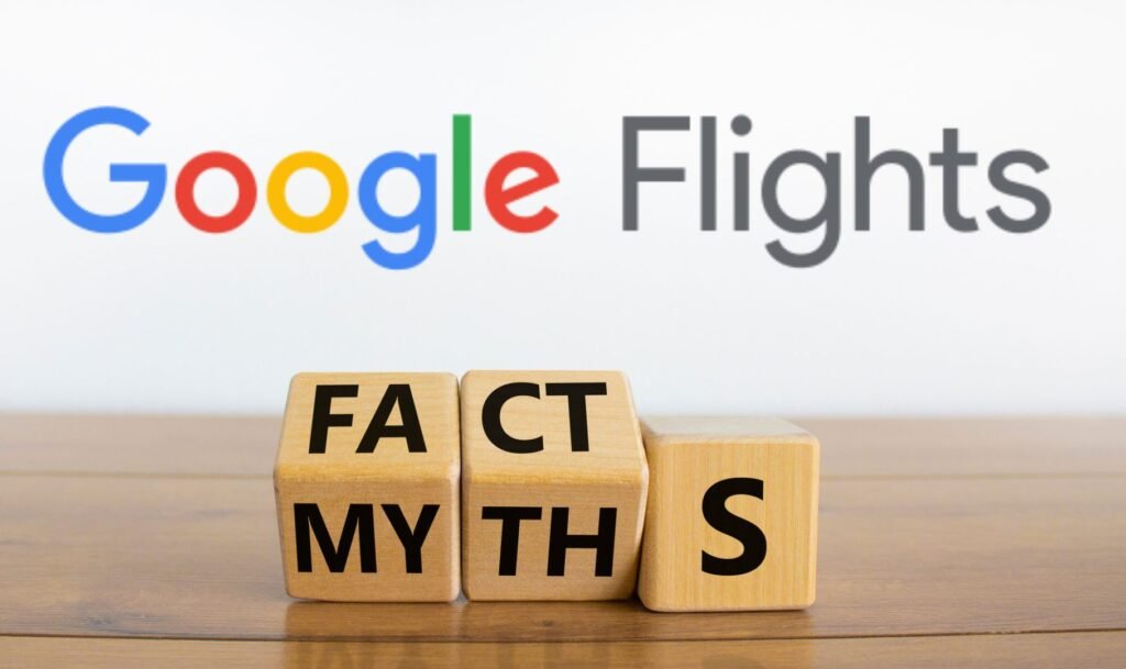 Wooden blocks spelling “Myths” and “Facts” in front of the Google Flights logo, symbolizing common misconceptions about using Google Flights.