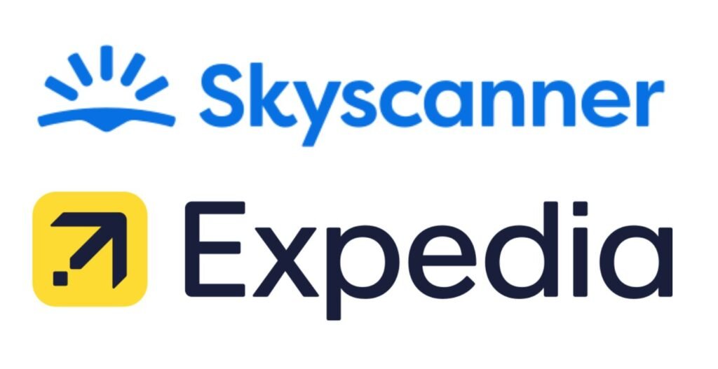 Logos of Skyscanner and Expedia used to compare flight booking platforms with Google Flights.