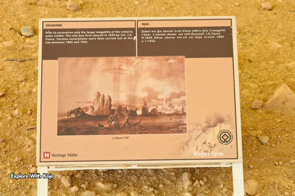 Heritage Malta information board showing Hagar Qim excavation history