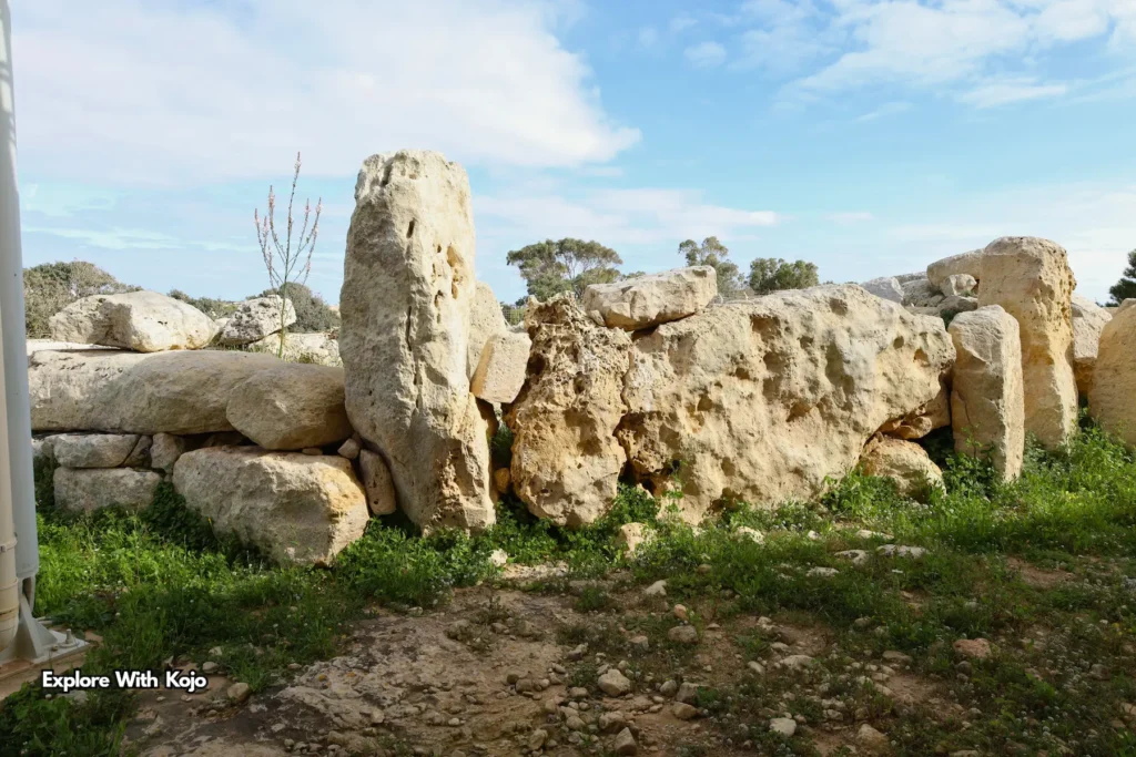 Large ancient limestone wall at Hagar Qim Temple Malta