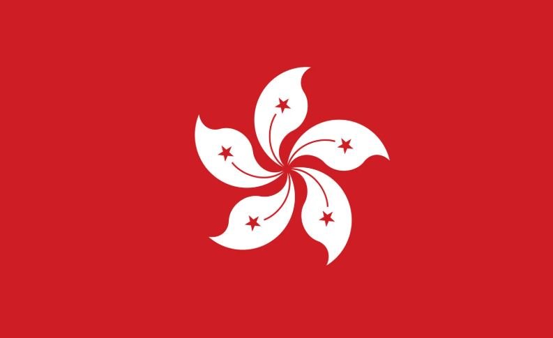 Flag of Hong Kong with a white five-petal flower on a red background.