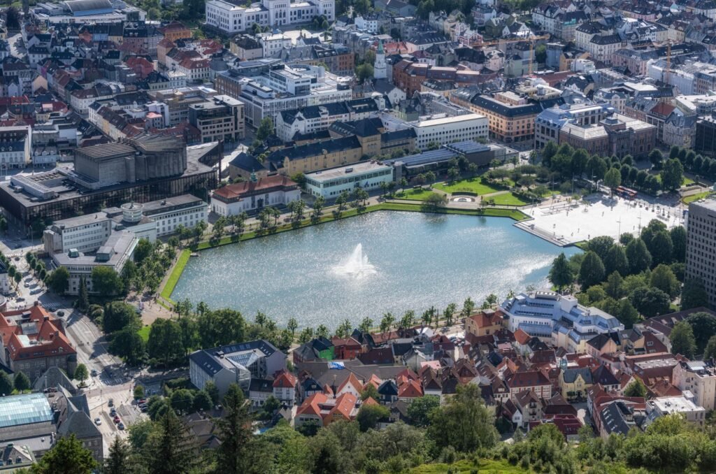 Aerial view of Lille city in northern France with river and rooftops