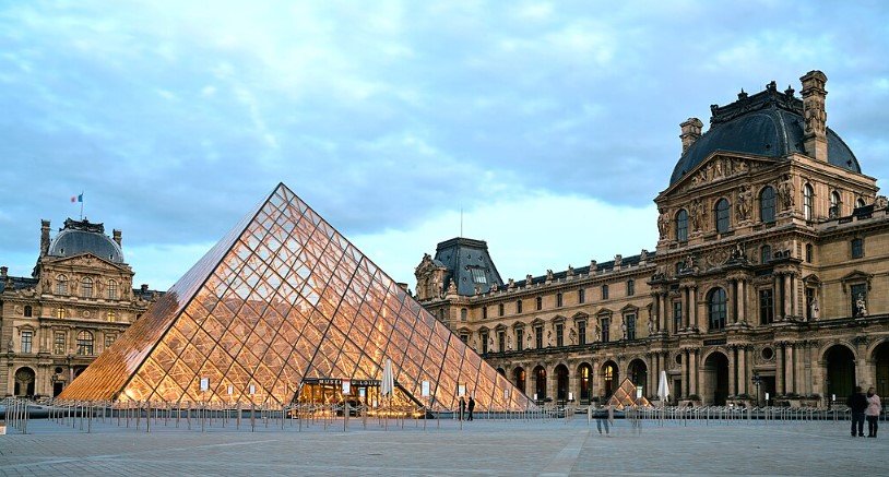 The Louvre Museum in Paris with the glass pyramid entrance.