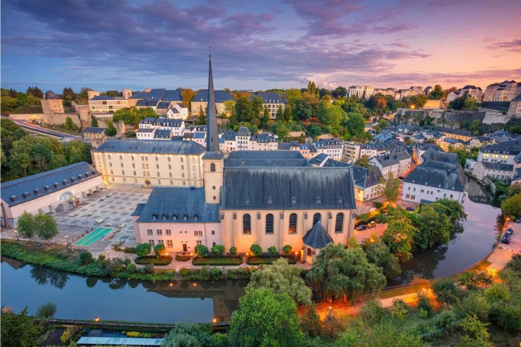 Aerial view of Luxembourg City with its clean river valley and organized urban layout