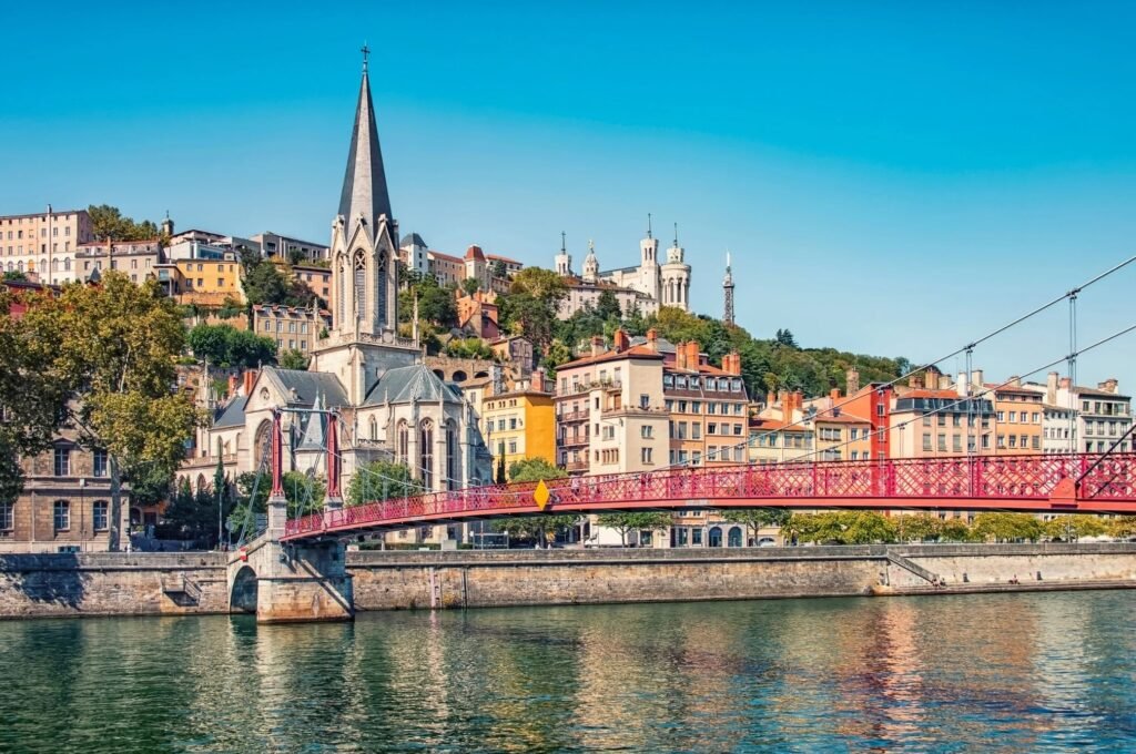 Panoramic view of Lyon with the Saône River and colorful buildings