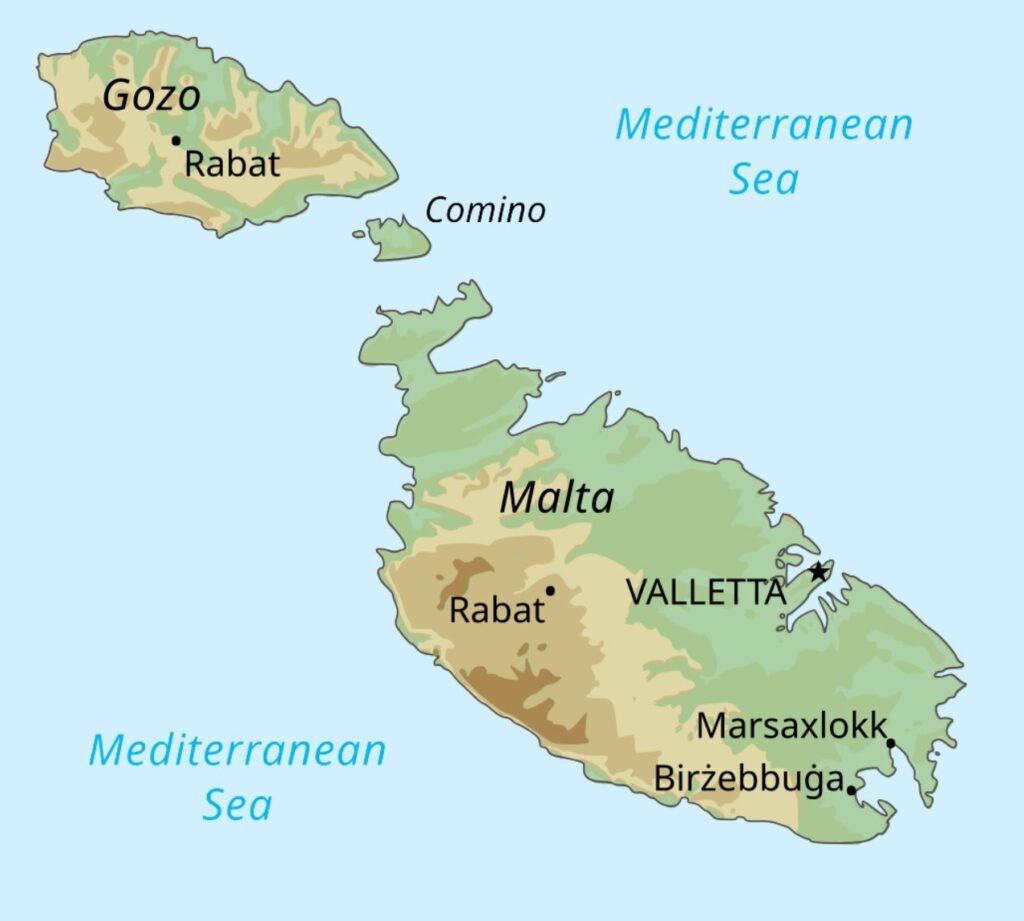 Simple map of Malta showing the islands of Malta, Gozo, and Comino with Valletta, Rabat, Marsaxlokk, Birżebbuġa, and the airport.