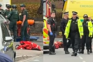 Police officers and emergency crews at the scene of the Manchester synagogue attack on Yom Kippur, October 2025.