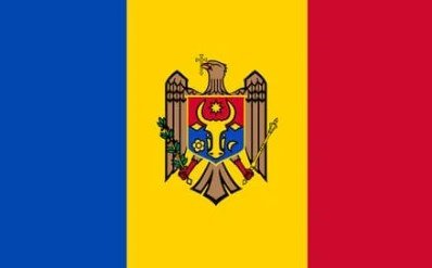 Flag of Moldova with blue, yellow, and red stripes and the national coat of arms.