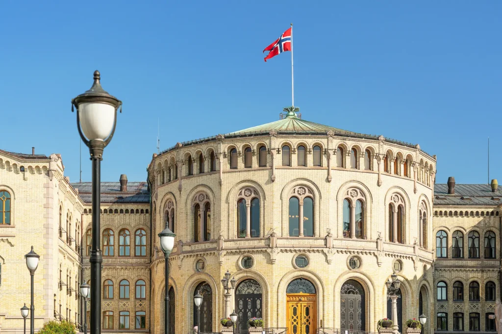 The Parliament building in Oslo, Norway under clear skies