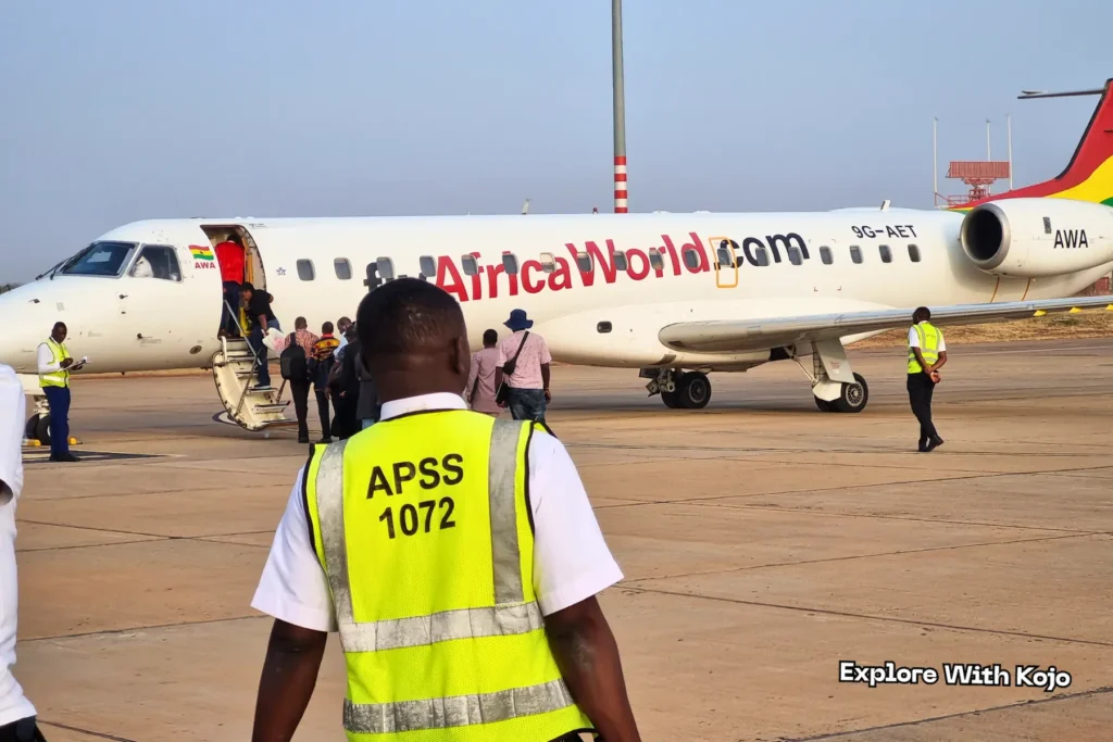Boarding a domestic Africa World Airlines flight in Ghana