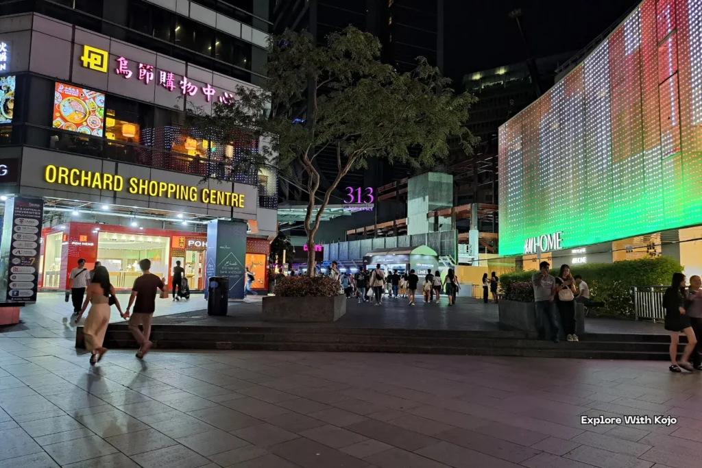 Orchard Shopping Centre glowing at night.