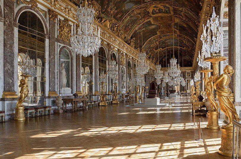 The Palace of Versailles near Paris with gardens and fountains.