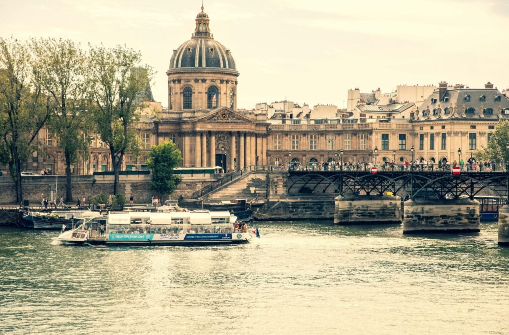 River Seine view of Paris with classic architecture and boats