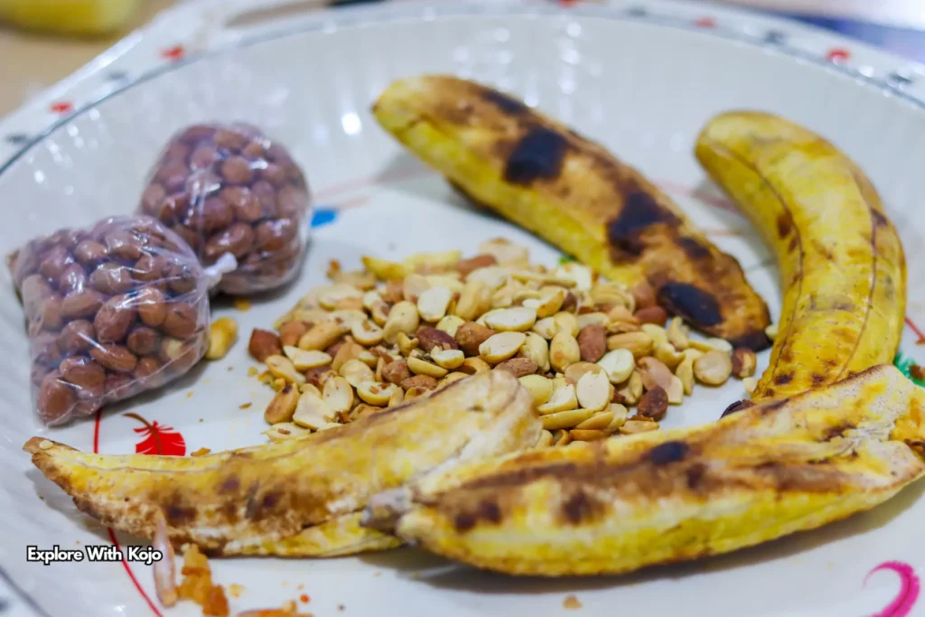 Roasted plantains and peanuts, a common Ghanaian street food snack