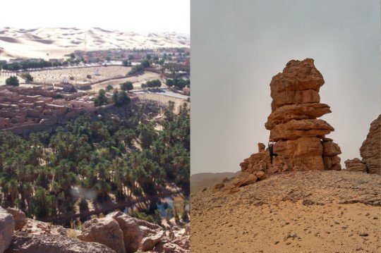 Sand dunes and rock formations in Algeria’s Sahara Desert near Taghit.