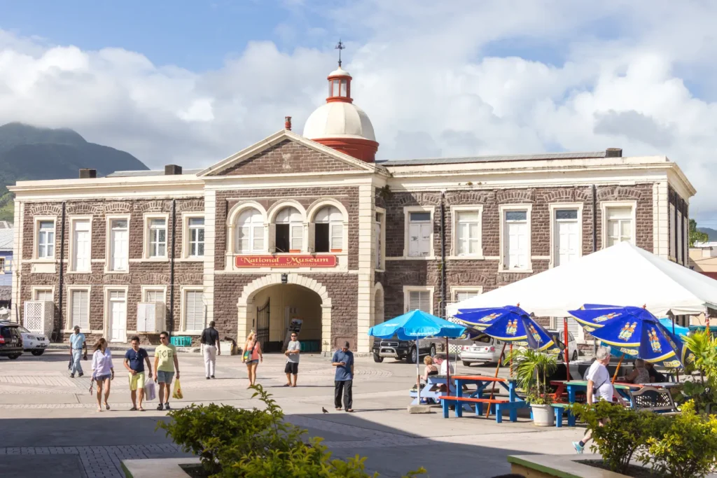 Basseterre city center with colonial buildings and market stalls in Saint Kitts and Nevis.