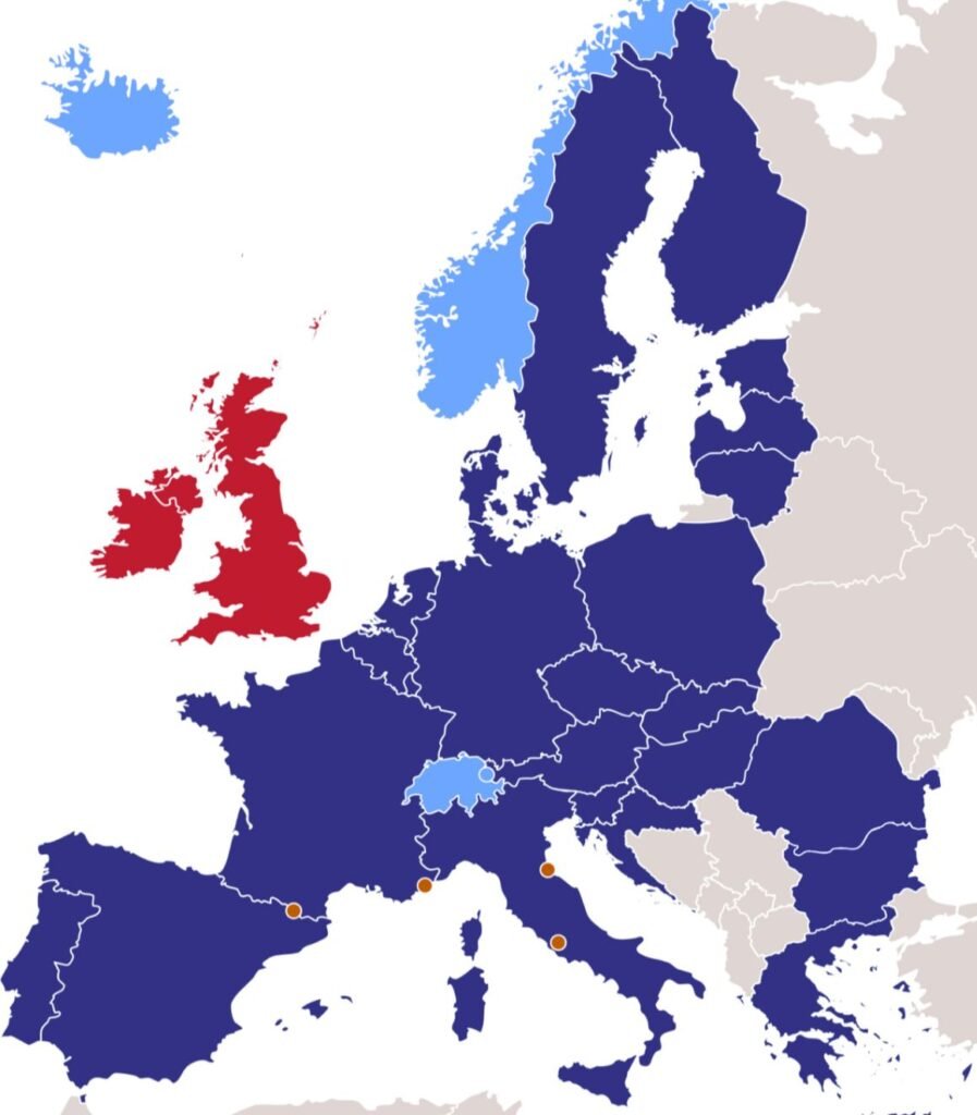 Map of the Schengen Area countries where the EU’s new Entry/Exit System (EES) will apply.
