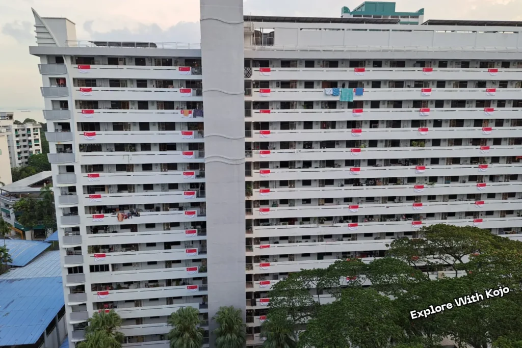 Rows of Singapore flags displayed on every unit of an HDB flat during National Day celebrations