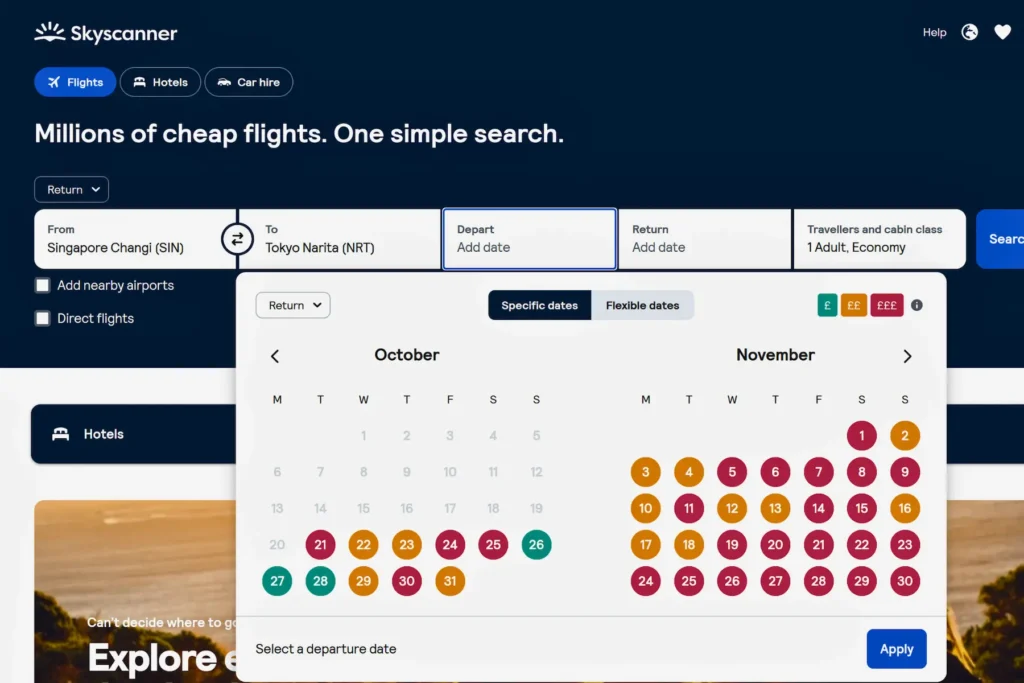 search showing Singapore to Tokyo fare calendar