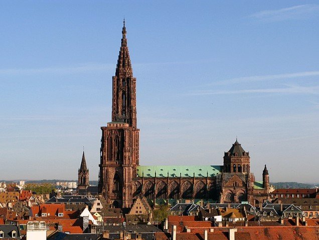Strasbourg old town with canals and cathedral in France.