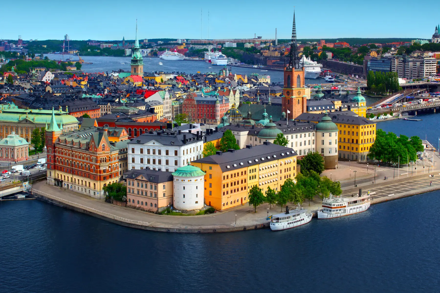 Aerial view of Stockholm’s clean waterfront and colorful buildings