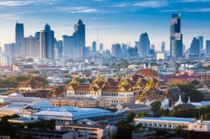 Bangkok skyline with the Grand Palace in the foreground