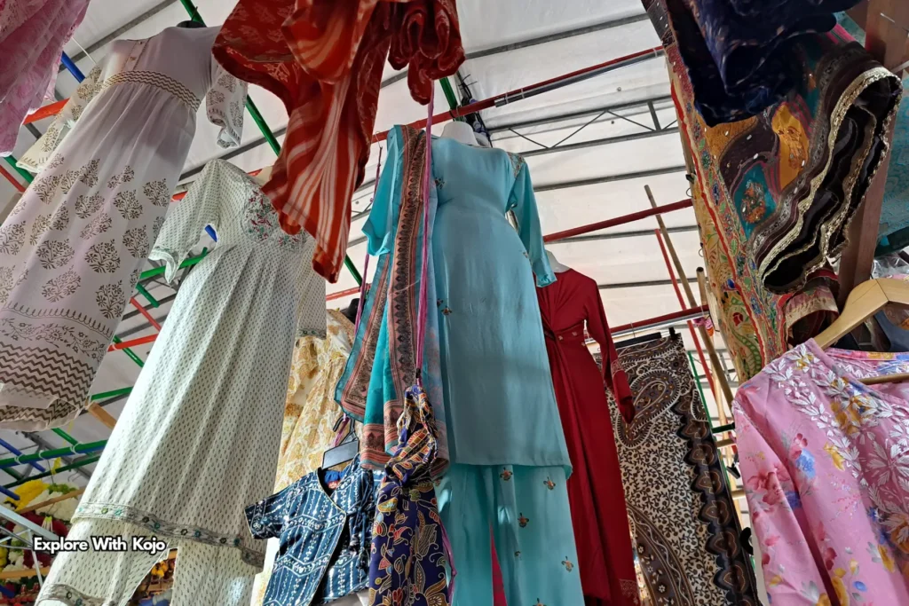 Display of traditional Indian dresses and fabrics at Deepavali market Singapore