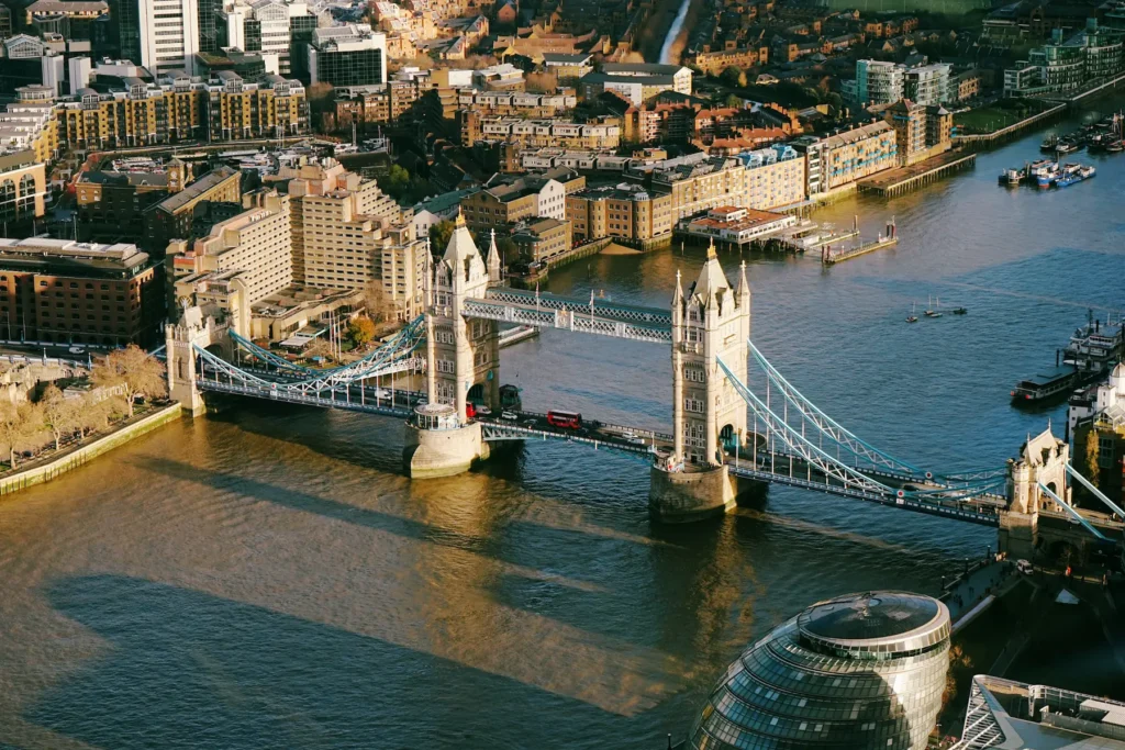 Aerial view of London’s Tower Bridge and River Thames on a clear day
