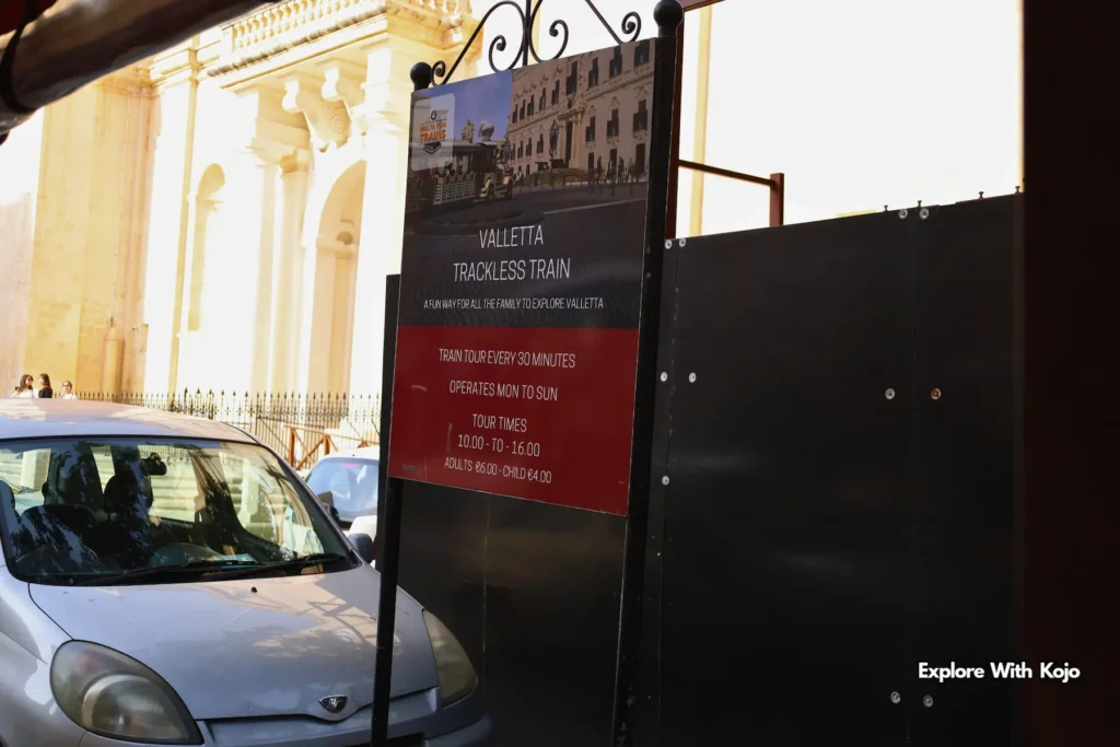 Ticket and stop information for Valletta trackless train