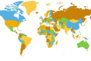 Colorful world map showing all countries of the world for an article about countries that start with the letter B.