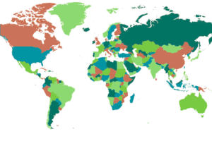 World map showing global countries for an article about countries starting with D.