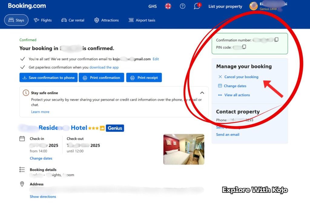 Screenshot of a Booking.com hotel booking confirmation page showing options to cancel or change dates.