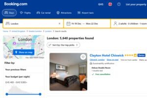 Booking.com search results showing hotels in London with a listing that offers free cancellation, illustrating how travelers can choose flexible booking options.