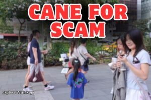 Featured image showing Singapore street scene with bold red text “Cane for Scam,” representing Singapore’s new law introducing caning for scammers.
