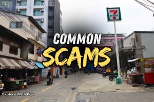 Street scene in Bangkok with “Common Scams” text overlay for Explore With Kojo’s Thailand scam guide.