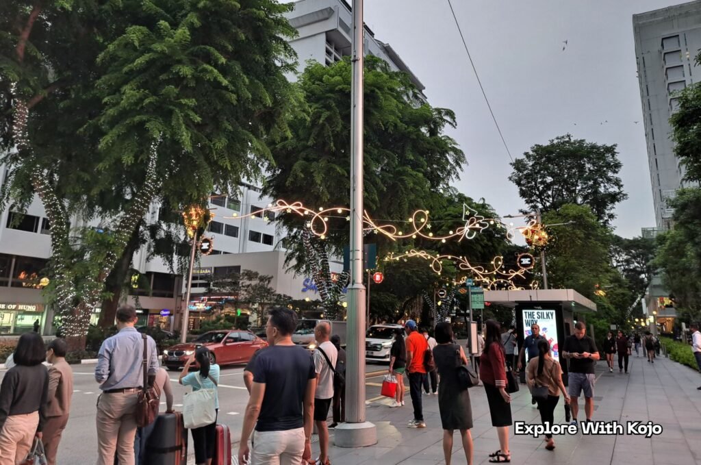 People waiting at the traffic light on Orchard Road surrounded by trees wrapped in Christmas lights during early November 2025.