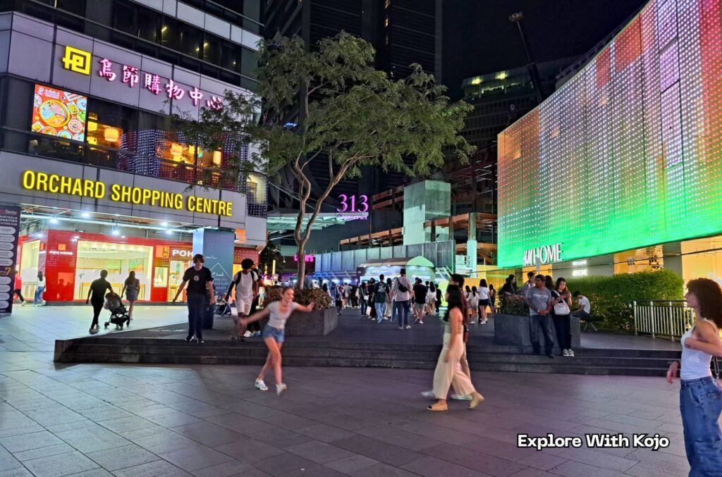Night view of Orchard Shopping Centre and 313@Somerset along Orchard Road in Singapore, with people walking and shopping under bright city lights.