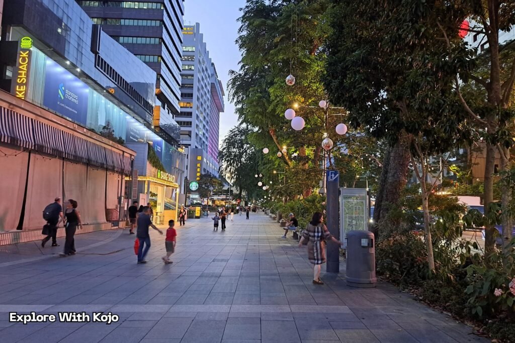 People walking along Orchard Road with early Christmas decorations on trees.