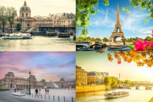 A collage of Paris landmarks featuring the Eiffel Tower, the Louvre Museum, the Seine River with sightseeing boats, and classic Haussmann-style architecture under warm daylight and sunset skies.
