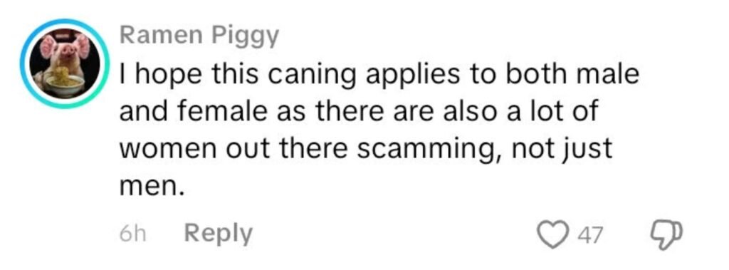 Screenshot of a social media comment about Singapore’s new scam law, where a user says the caning should apply to both men and women because many women are also involved in scams