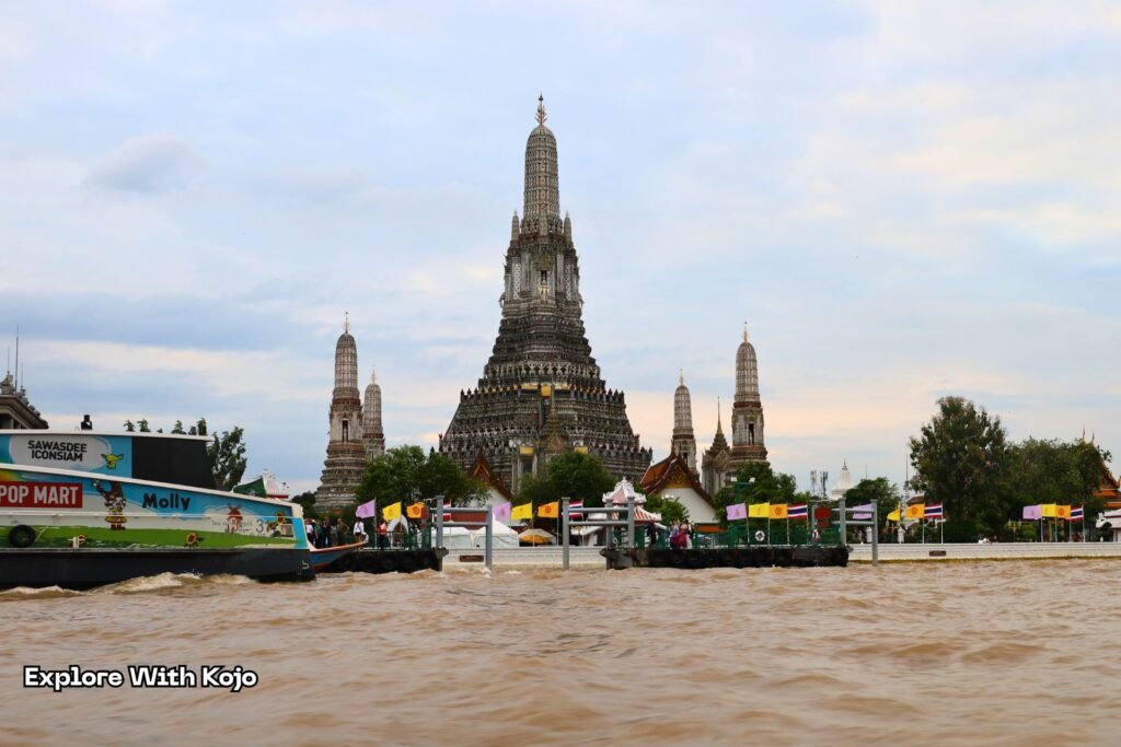 View of Wat Arun by the Chao Phraya River in Bangkok.
