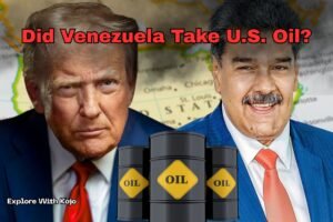 Illustration showing Donald Trump and Nicolás Maduro facing each other with oil barrels, representing claims and debate over Venezuela taking U.S. land and oil rights.